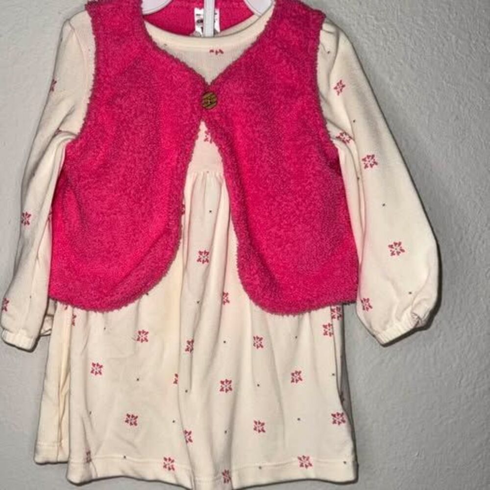 Carters Baby Girl 12M Dress and Vest Set Pink Floral Cream Fleece 2 Piece Outfit